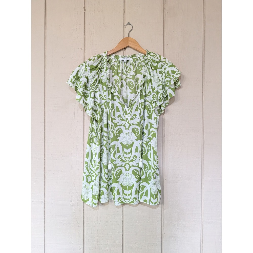 Rose & Olive Green White Patterned Tassel Peasant Top Women's 1X